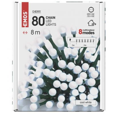 Lampki choinkowe 80 LED cherry 8m zimna biel zielony przewód 8 programów IP44 EMOS (D5AC06)